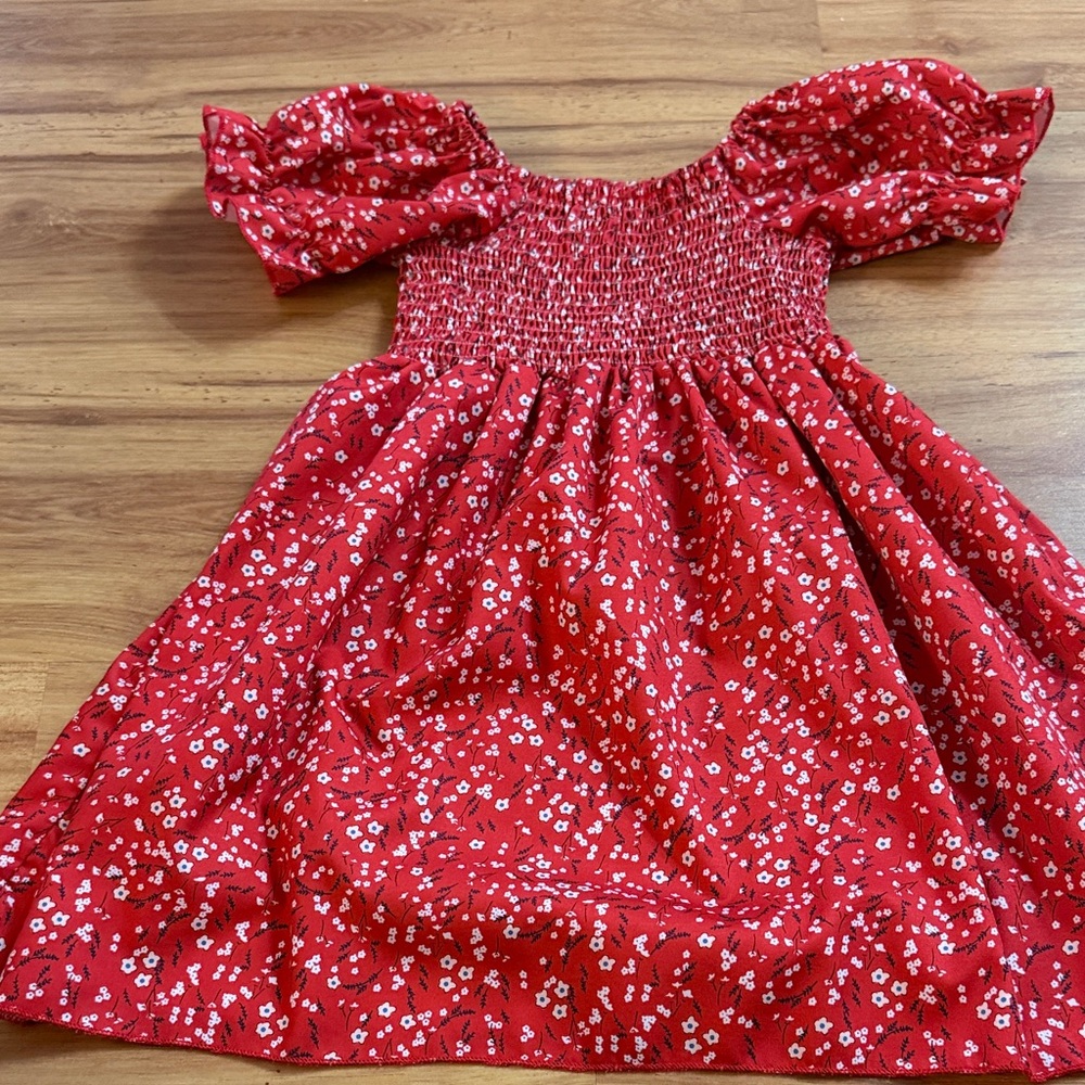 Red Floral Smocked Puff-Sleeve Kids Dress